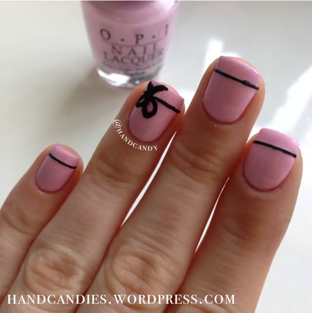 Cute Pink Nails With Simple Black Bow Nail Art