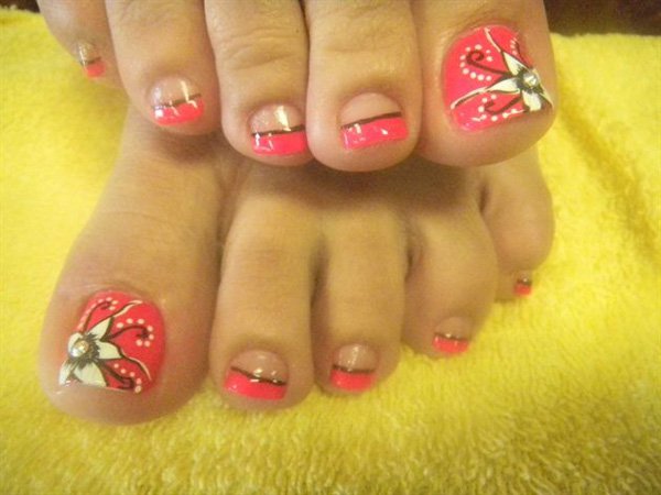 Cute Pink Toe Nails With White Flower Nail Art