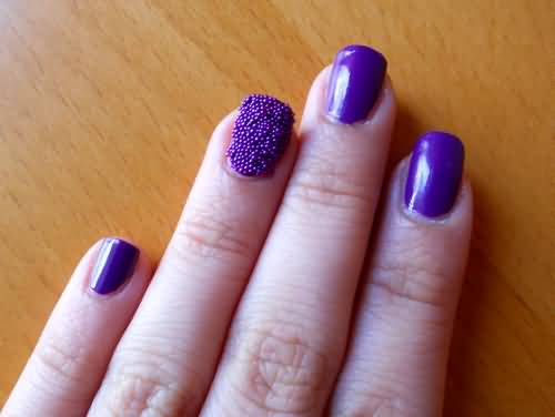 Cute Purple Accent Caviar Beads Nail Design