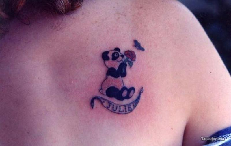 Cute Small Panda With Red Rose And Bird Tattoo On Right Shoulder