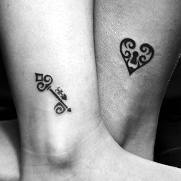 Cute Tribal Heart Lock And Key Tattoos On Ankle For Couple