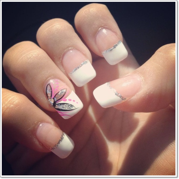Cute White French Tip Nail Art With Accent Silver Glitter Flower Design