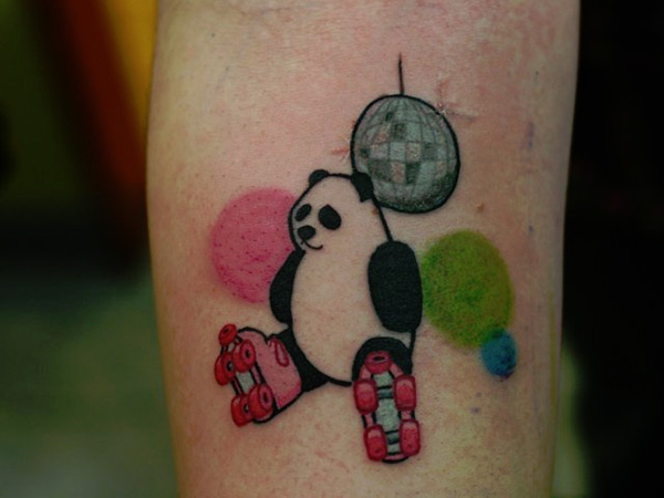 Disco Panda With Skateboards Tattoo On Forearm