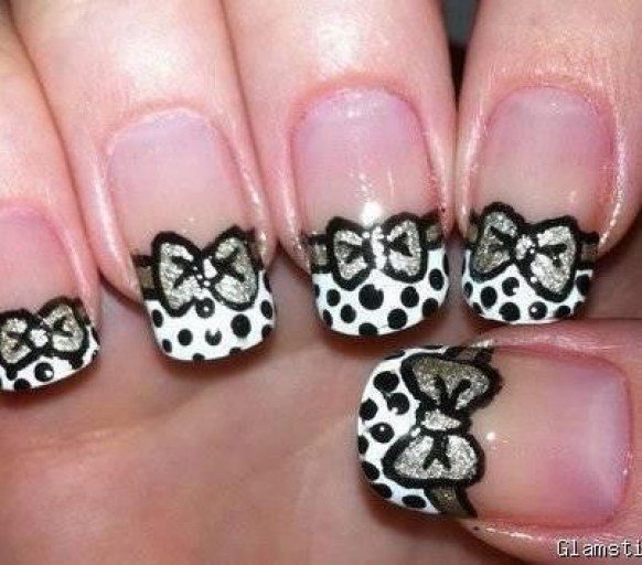 Dotted Nails With Silver Bow Nail Art
