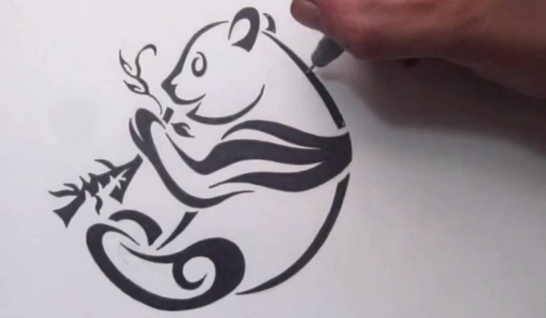 Drawing Of Tribal Panda Eating Bamboo Tattoo Design