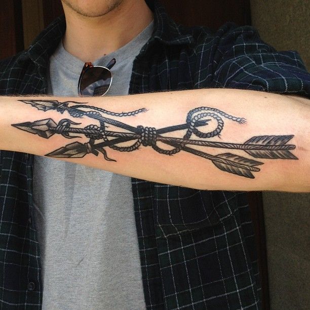 Elegant Arrows Tied With Rope Tattoo On Forearm For Men