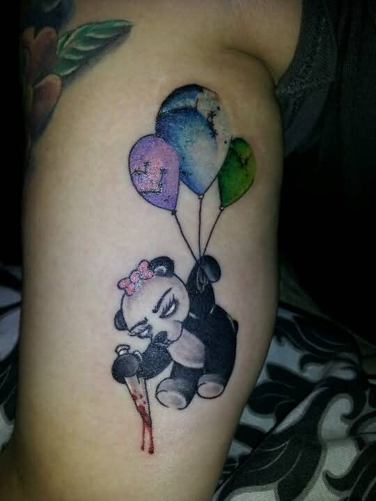 Evil Panda Holding Knife With Balloons Tattoo On Bicep