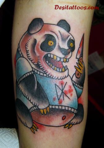 Evil Panda With Knife And Red Dots Tattoo On Sleeve
