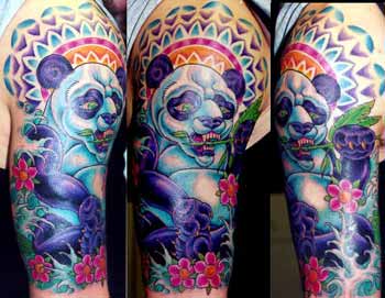 Evil Panda With Mandala And Red Flowers Tattoo On Half Sleeve For Men
