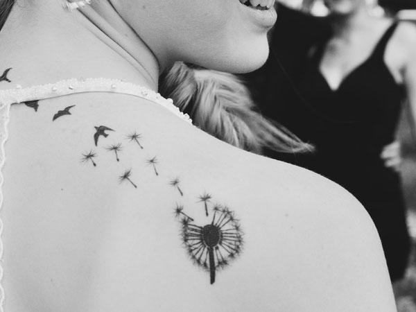 Exciting Birds Flying From Dandelion Tattoo On Right Shoulder To Nape