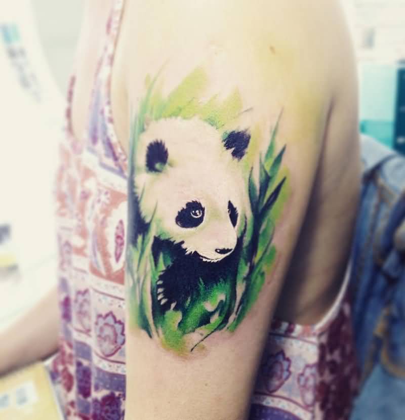 Extremely Beautiful Panda With Leaves Watercolor Tattoo On Half Sleeve