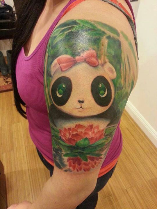 Extremely Cute Colorful Baby Panda With Red Flower Tattoo On Half Sleeve For Girl