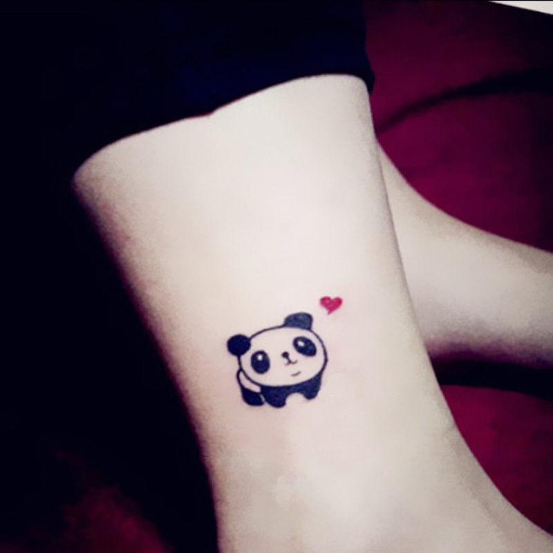 Extremely Tiny Cute Panda With Love Sign Tattoo On Leg