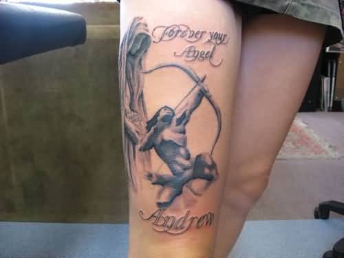 Fantastic Bow And Arrow Tattoo With Forever Your Angel Text