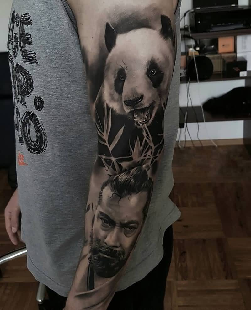 Fantastic Panda With Samurai Tattoo On Sleeve