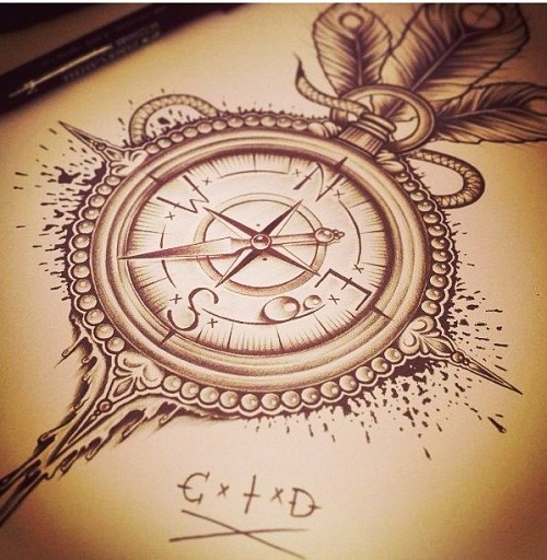 Feathers With Compass Tattoo Design