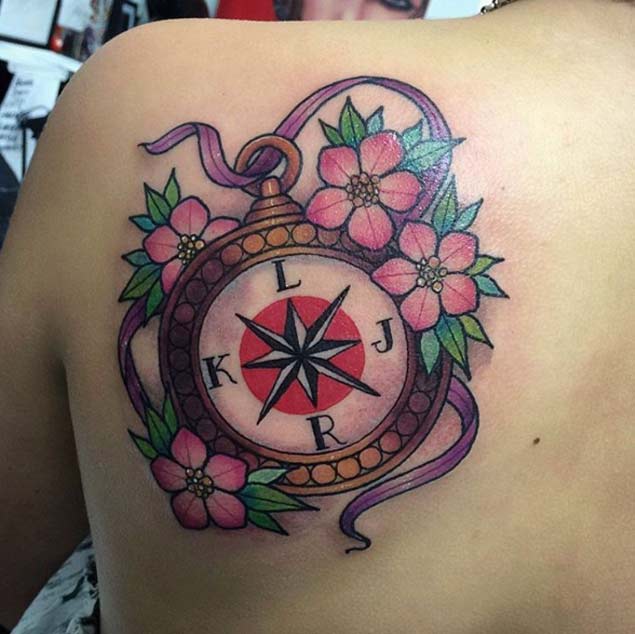 Feminine Compass Tattoo On Back Shoulder by Sami Locke