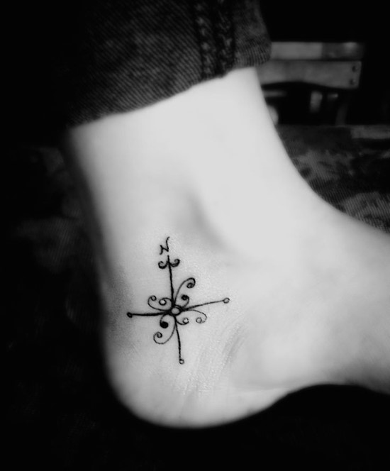 Feminine Compass Tattoo On Girl Ankle