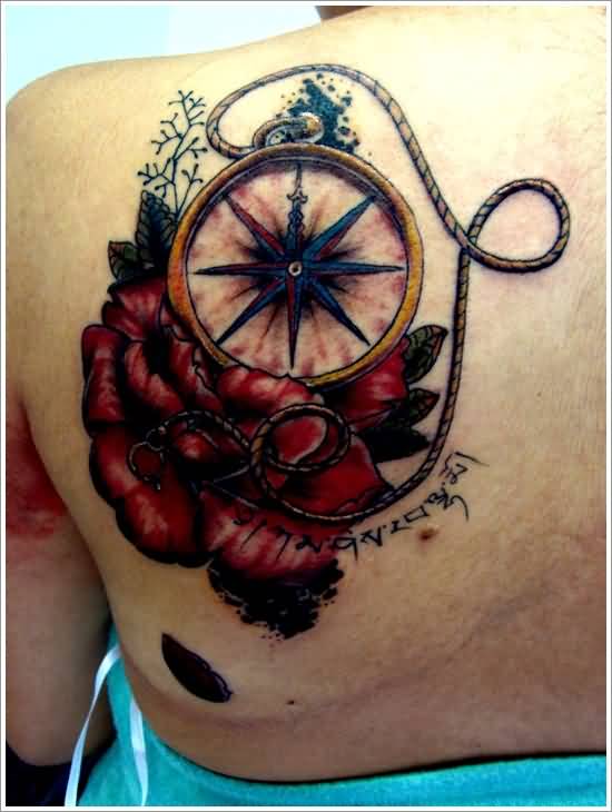 Feminine Compass Tattoo On Girl Left Back Shoulder For Girls