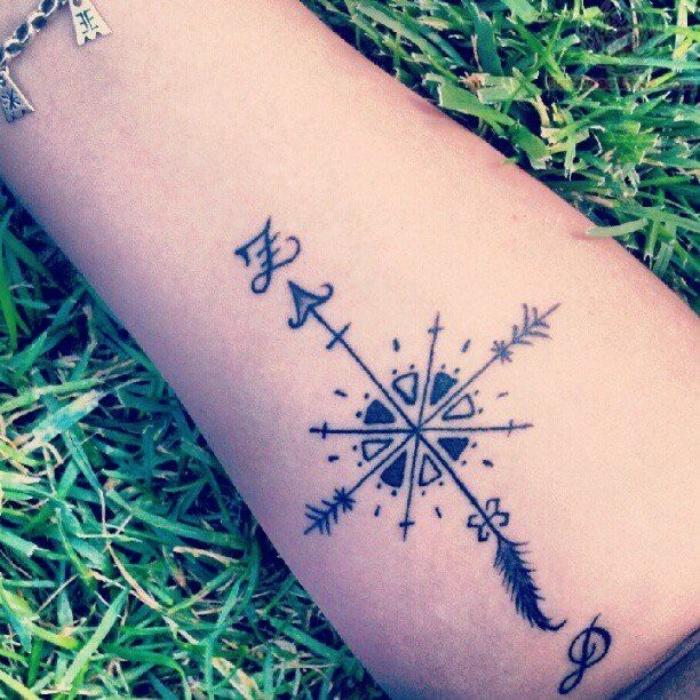 Feminine Compass Tattoo On Right Forearm