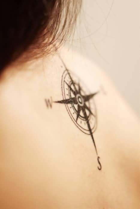 Feminine Compass Tattoo On Upper Back