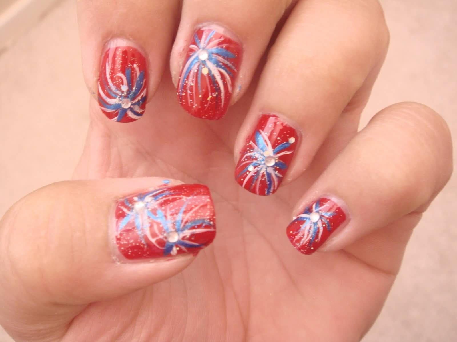 Fireworks With Rhinestones Fourth Of July Nail Art