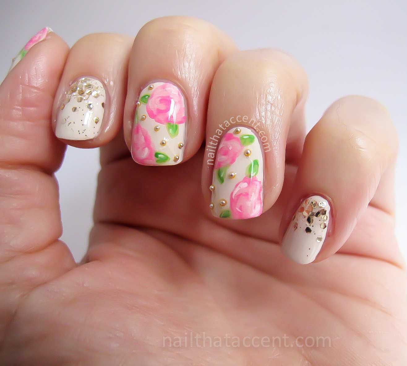 Floral Design Nails With Gold Caviar Nail Art