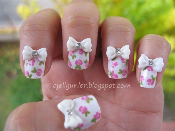 Floral Nails With White 3d Bow Nail Art Design
