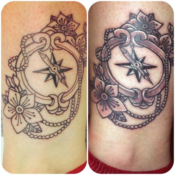 Flower And Feminine Compass Tattoo On Leg