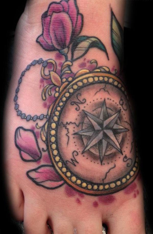 Flower Bud And Compass Tattoo On Right Foot