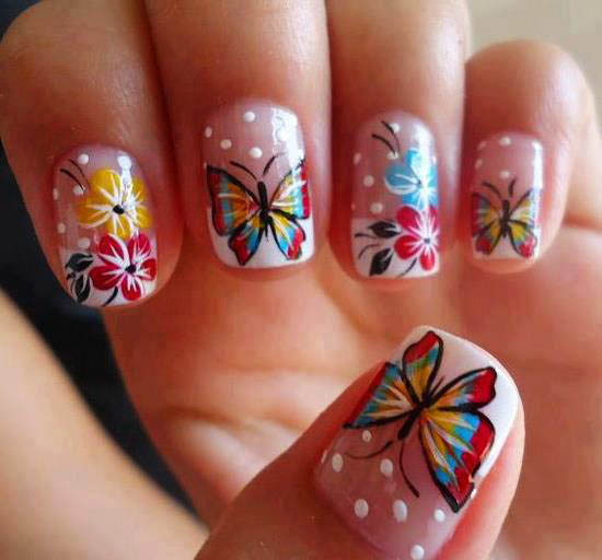 Flower Nail Art With Butterfly Design