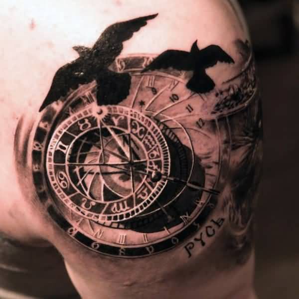 Flying birds And Compass Tattoo On Shoulder