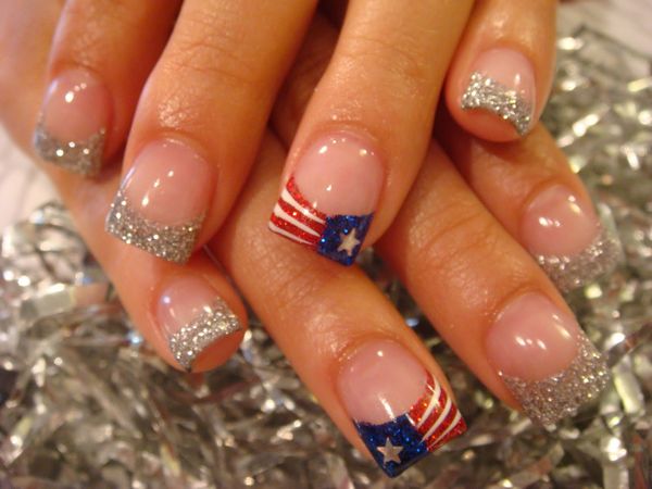 French Tip American Flag Silver Glitter Fourth Of July Nail Art