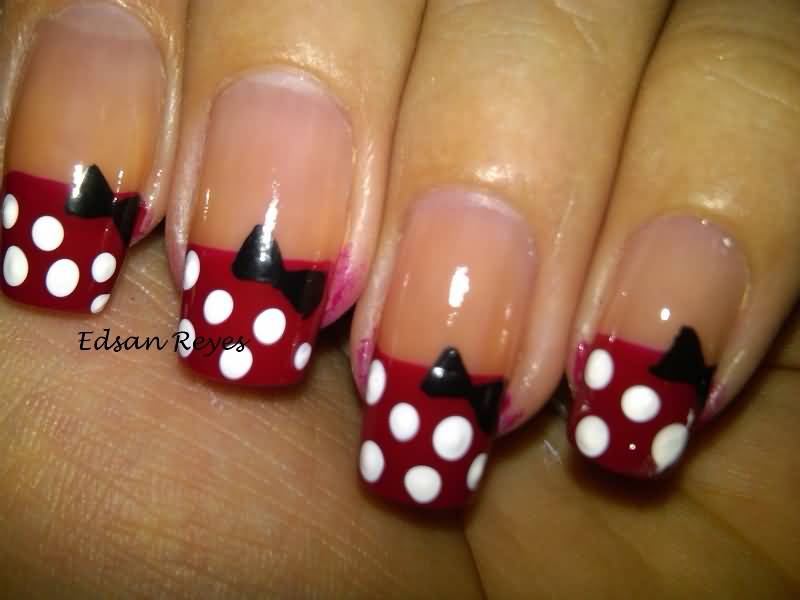 French Tip Polka Dots With Black Simple Bow Nail Art
