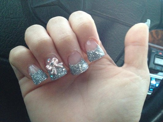 French Tip Silver Glitter Nails With 3d Bow Nail Art