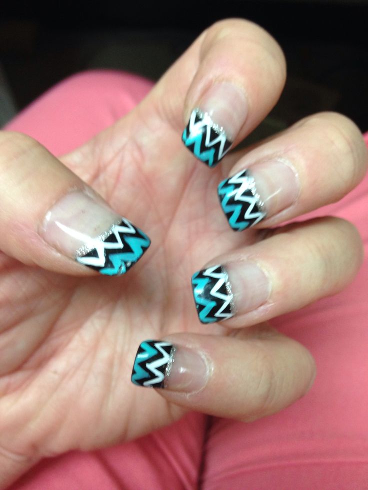 French Tip Teal Chevron Nails Design