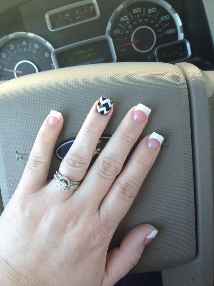 French Tip With Black And White Accent Chevron Nail Art