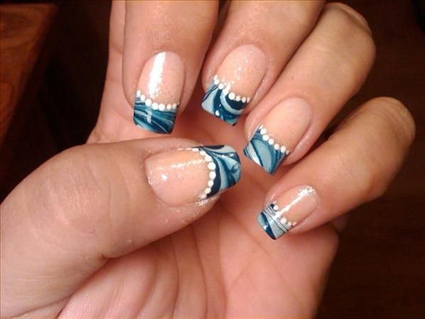French Water Marble Tip Nail Art Design