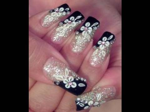 Glitter And Black With White Flower Nail Art