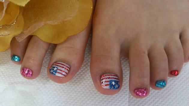 Glitter Fourth Of July Nail Art For Toe
