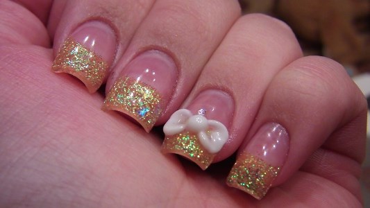 Glitter French Tip With White Bow Nail Art