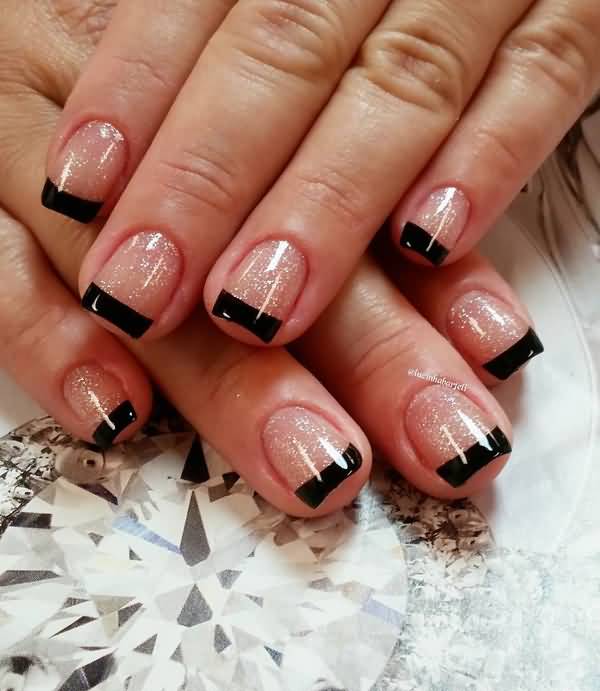 Glitter Gel Nails With Black French Tip Nail Art