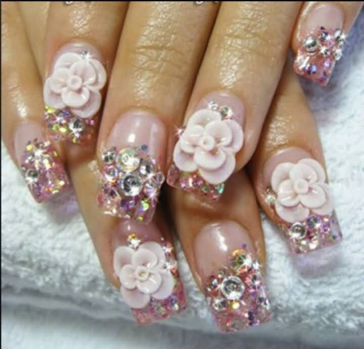 Glitter Nails With 3d Flower Nail Art