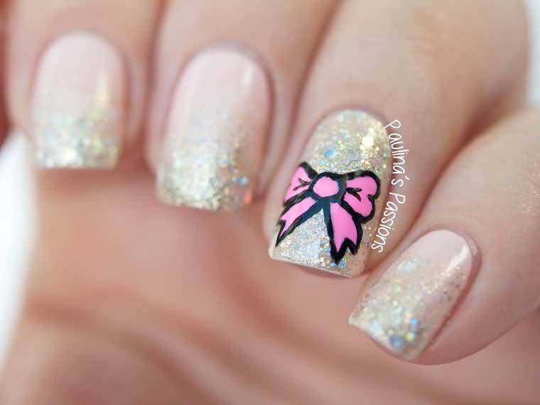 Glitter Nails With Simple Pink Bow Nail Art