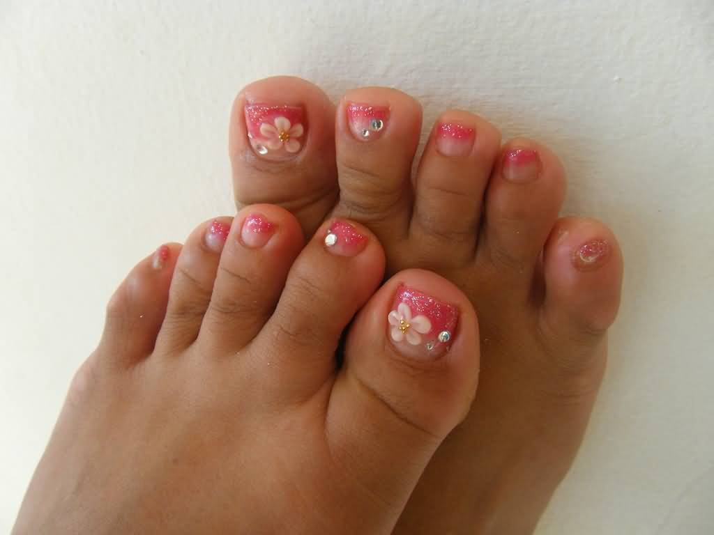 Glitter Toe Nails With White 3d Flower Nail Art