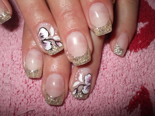 Gold Glitter French Tip Nail Art And Flowers