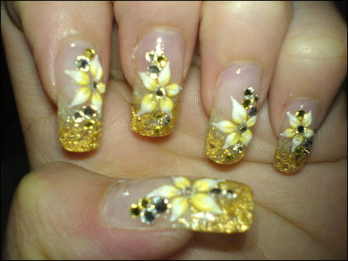 Gold Glitter French Tip With 3d Acrylic Flowers Nail Design