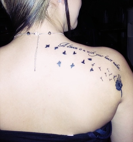 Good Birds Flying From Dandelion With Quote Tattoo on Right Shoulder For Girl