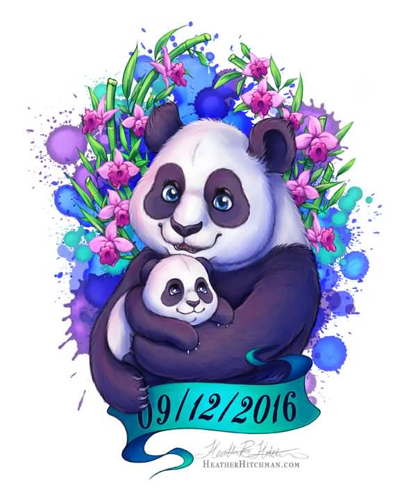 Gorgeous Panda Mother's Love For Baby With Flowers Tattoo Design