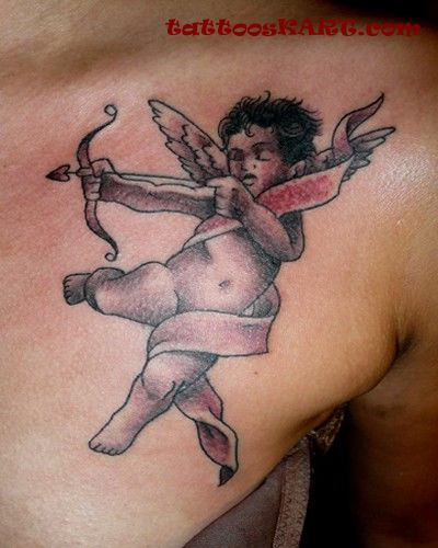 Graceful Cupid Cherub Holding Bow And Arrow Tattoo On Chest